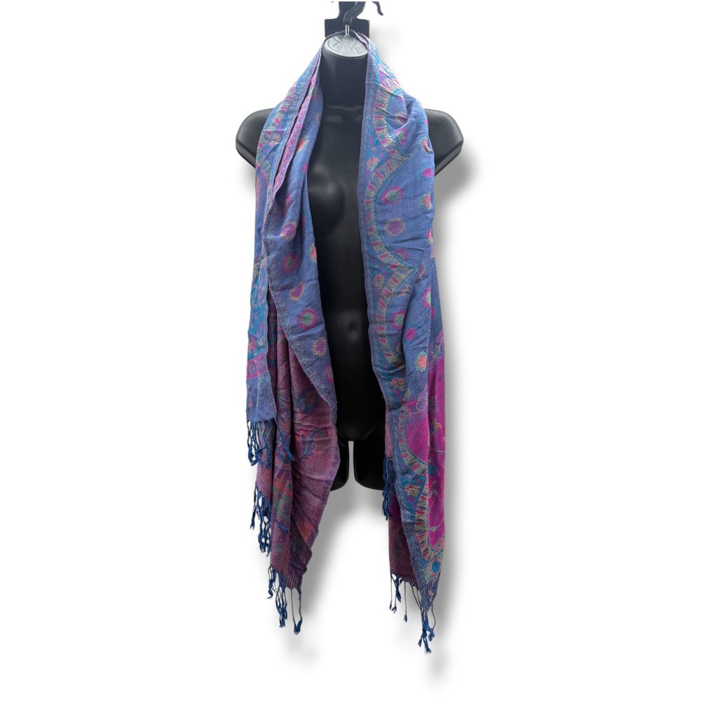 Jerusalem Pashmina Scarf Purple Pink Blue 100% Cashmere Paisley Fringe Wrap